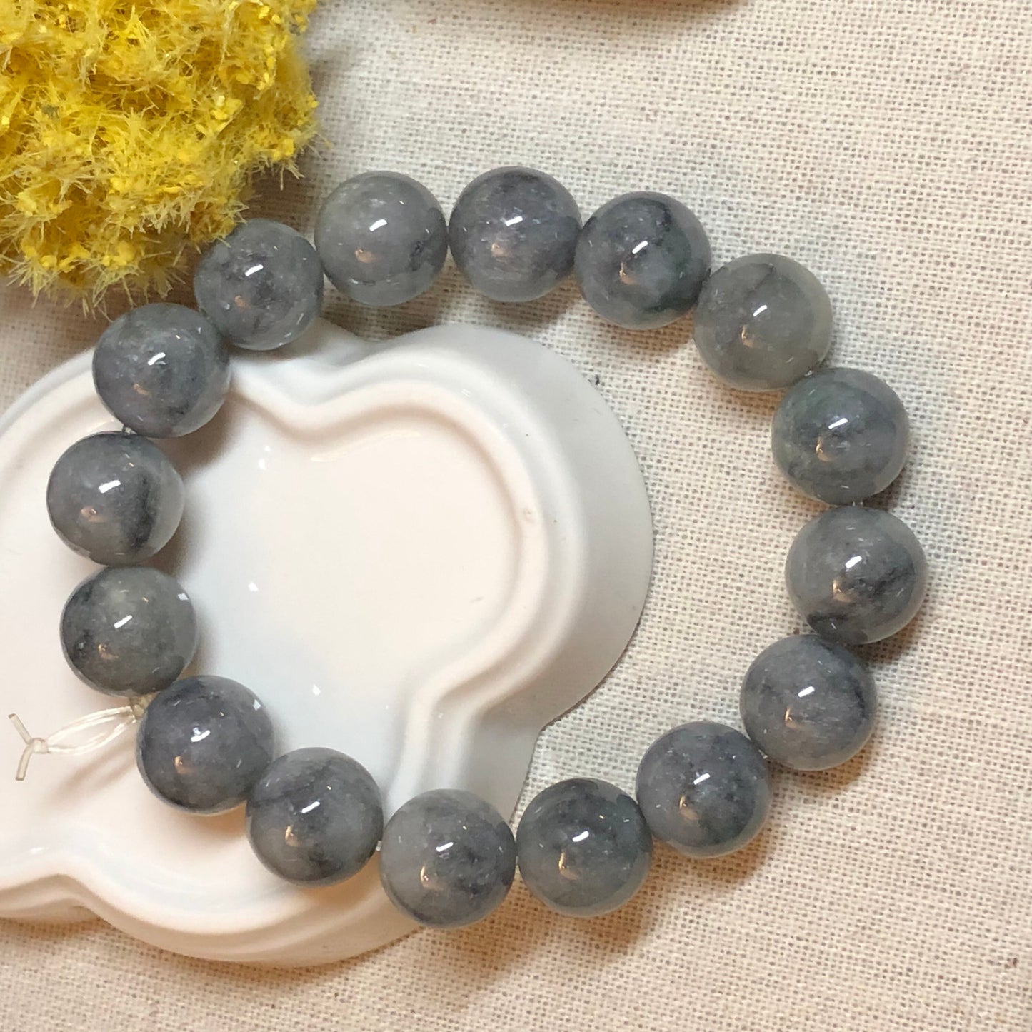 13.1 mm Grade A Wuji Grey Jadeite Jade Bead Bracelet 13.1 mm x 16 pcs. Style A