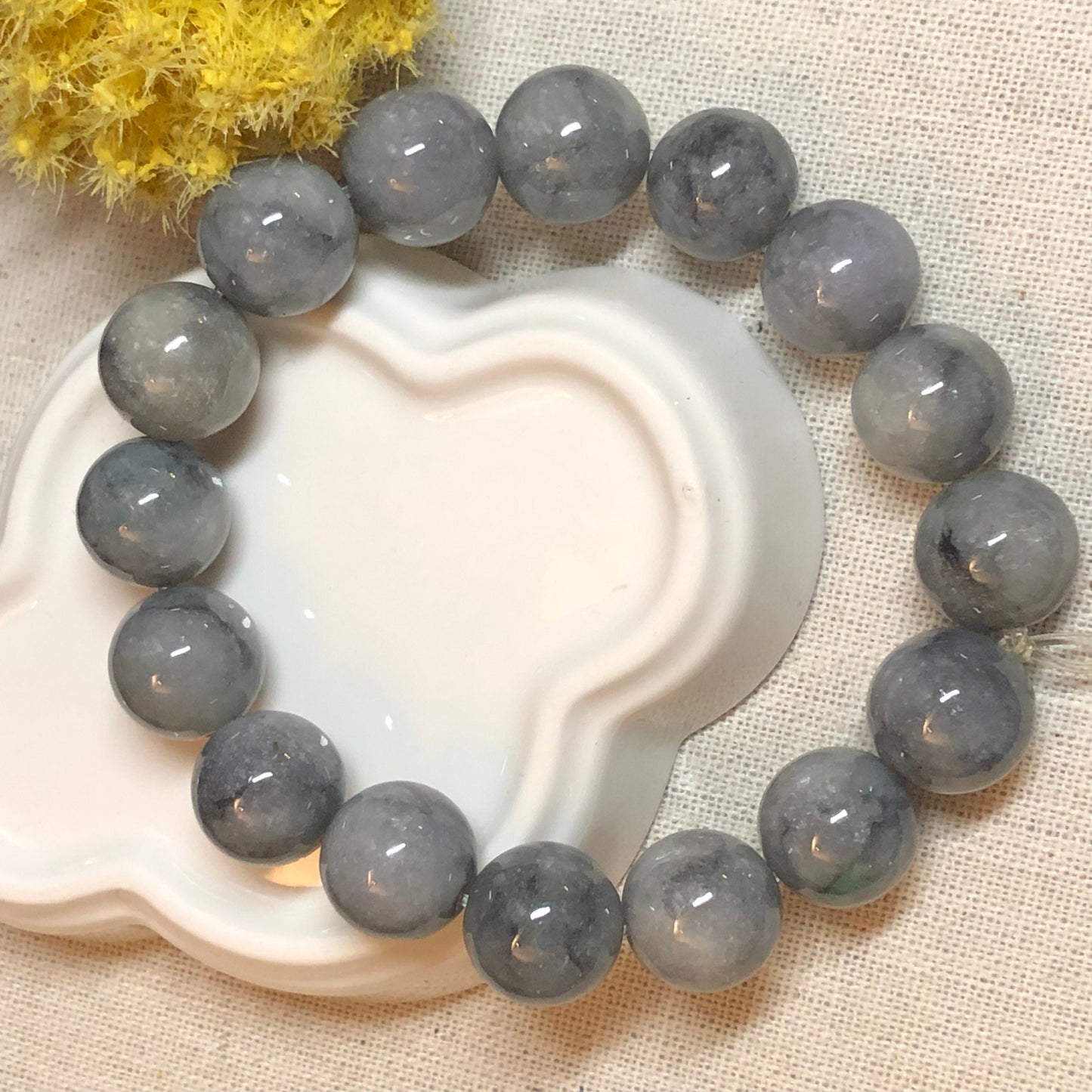 13.1 mm Grade A Wuji Grey Jadeite Jade Bead Bracelet 13.1 mm x 16 pcs. Style A