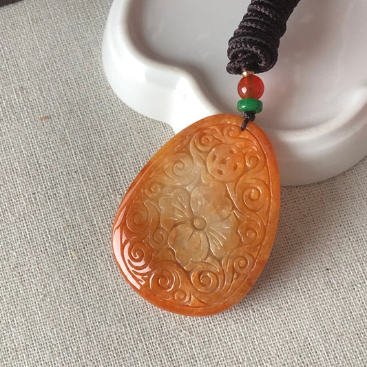 49.8 Earthy Red Brown Jadeite Jade Carved Floral Patterns Pendant
