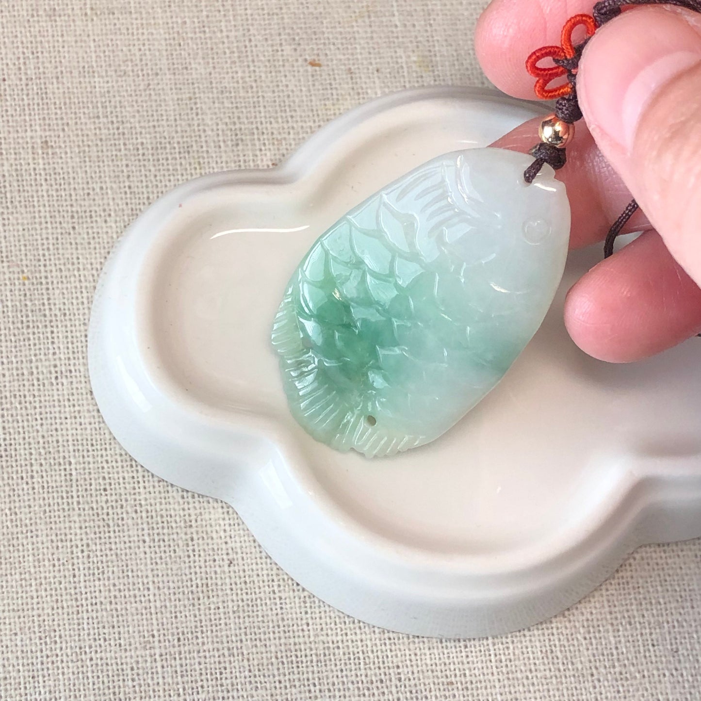 44.7 mm Icy Green Carved Fish Jadeite Jade Keyring Key chain charm pendant