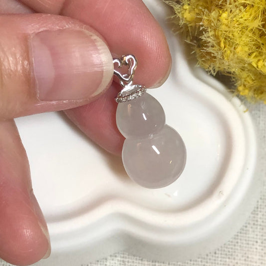 Grade A Icy Tint Pink Jadeite Jade Gourd Pendant set with 18K White Gold Bail