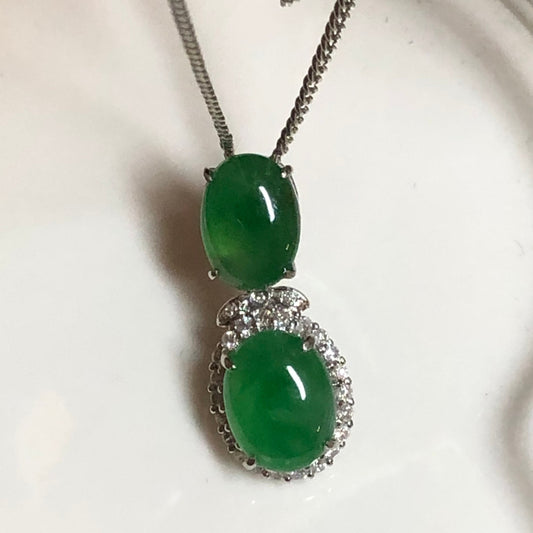 21.8 mm Dainty Icy Green Cabochon Jadeite Jade Pendant set on 18K White Gold Diamonds