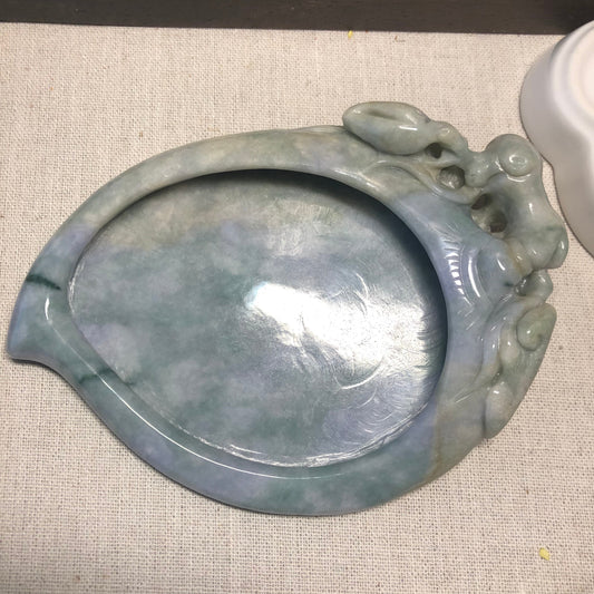 Jadeite Jade Paint Smoke Candy Jewelry Dish Carved Design Bluish Grey Yellow Display