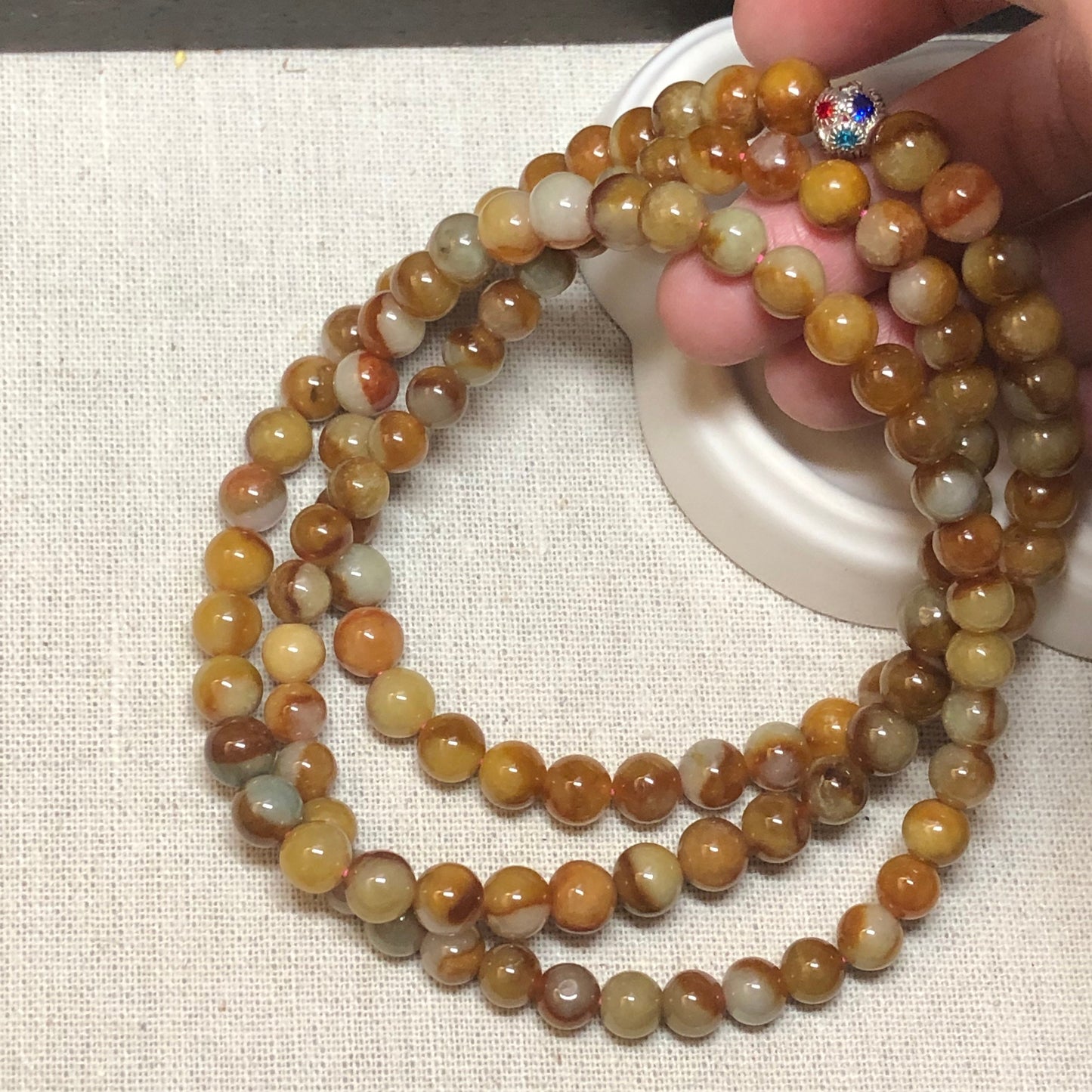 6.7-7.5mm Jade Jadeite Icy Asst Yellow Brown Gradient  Round Bead Necklace Bracelet 120pcs.