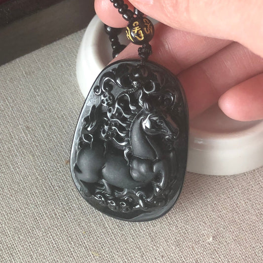 49.4mm Omphacite Black Jade Carved Horse Landscape Pendant with Bead Necklace