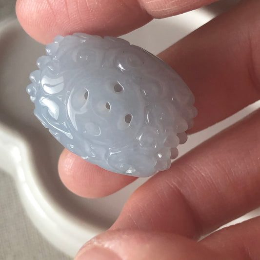 25.4mm BIG Icy Tint Lavender Blue Jadeite Jade Carved Asian Pattern Bead Pendant