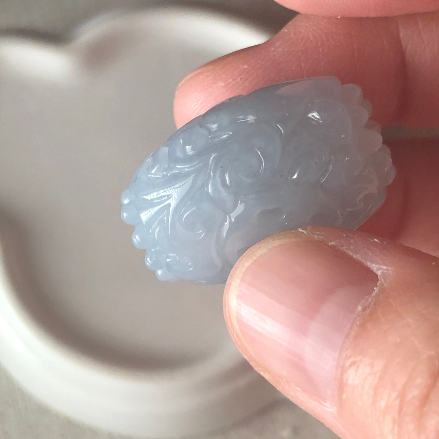 25.4mm BIG Icy Tint Lavender Blue Jadeite Jade Carved Asian Pattern Bead Pendant