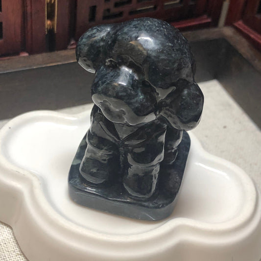 53mm Wuji Black Jadeite Jade Carved Poodle Dog Display Statue