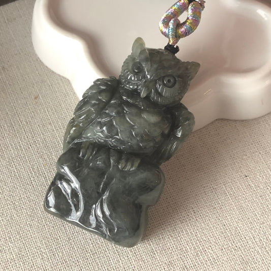 57.2mm Icy Wuji Jadeite Jade Carved Owl Pendant Display Statue RARE