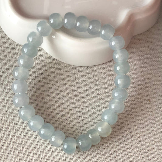 8 mm Icy Blue Flat Round Jadeite Jade Bead Bracelet 8 mm x 27 pcs.