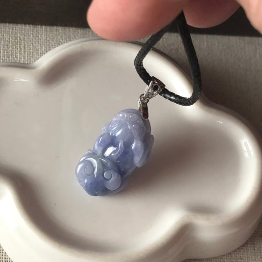23.1mm Jadeite Jade Carved Pixiu Lavender Float Flowers Pendant Bead 925 silver Bail