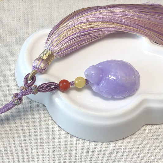 28.4mm Jadeite Jade Carved turtle Lavender Keyring bag charm with tassel