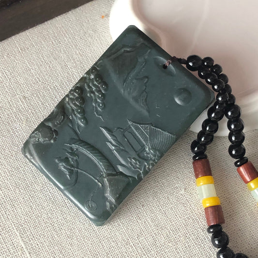60.4mm Green Hetian Nephrite Jade Carved Landscape Scenery Pendant with Bead Necklace