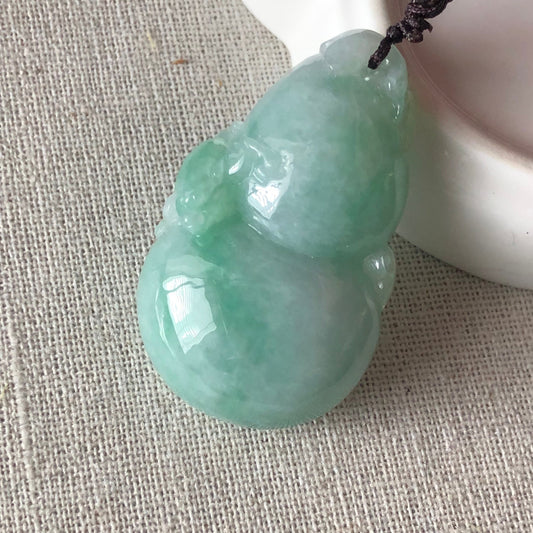 45mm Icy Jadeite Jade Carved Hulu Gourd Frog Pendant