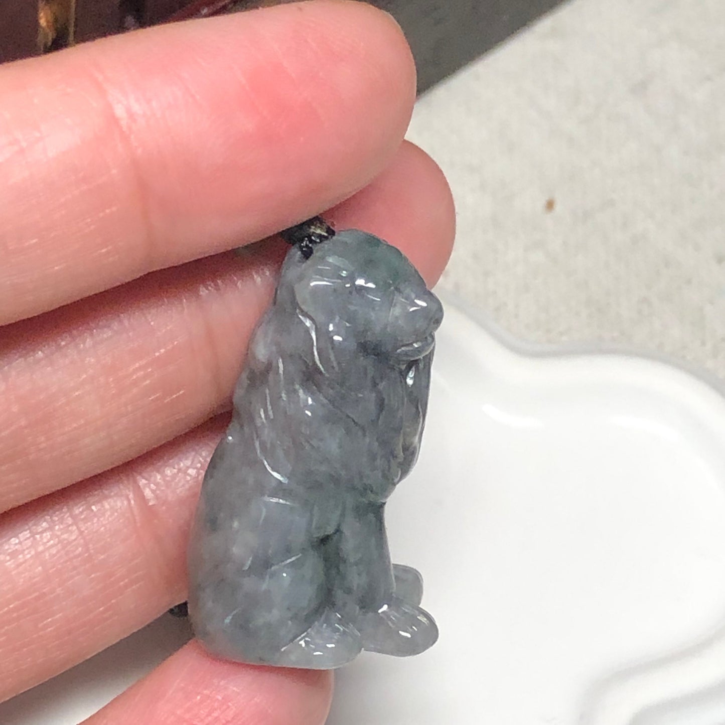 29.6mm Icy Jadeite Jade Carved Wuji Grey  Lion Pendant 2582