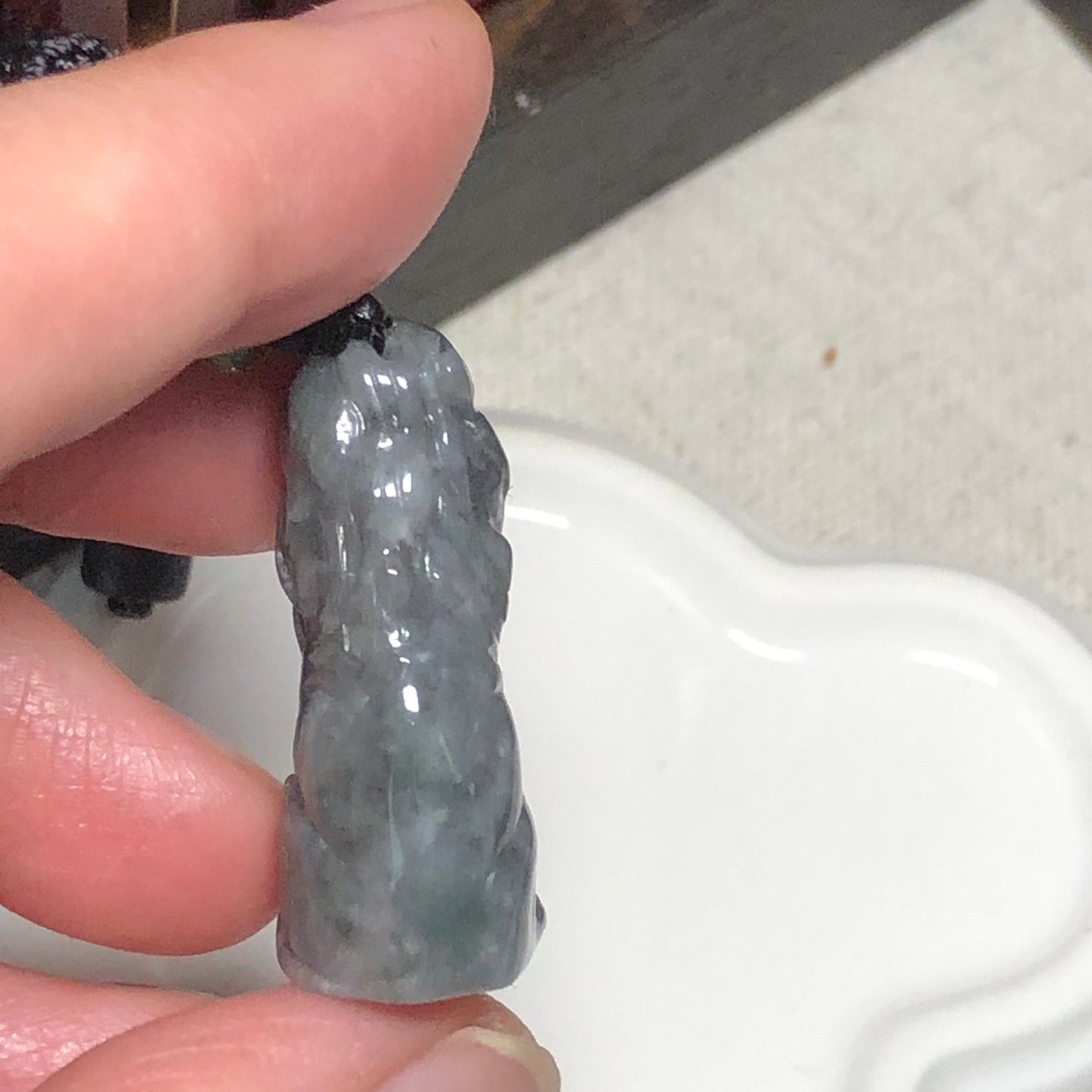29.6mm Icy Jadeite Jade Carved Wuji Grey  Lion Pendant 2582