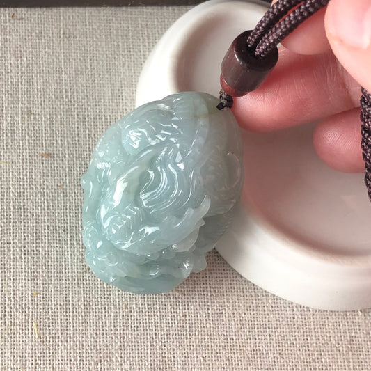 44.6 Icy Sky Blue Jadeite Jade Carved Ruyi Dragon Tail Pendant
