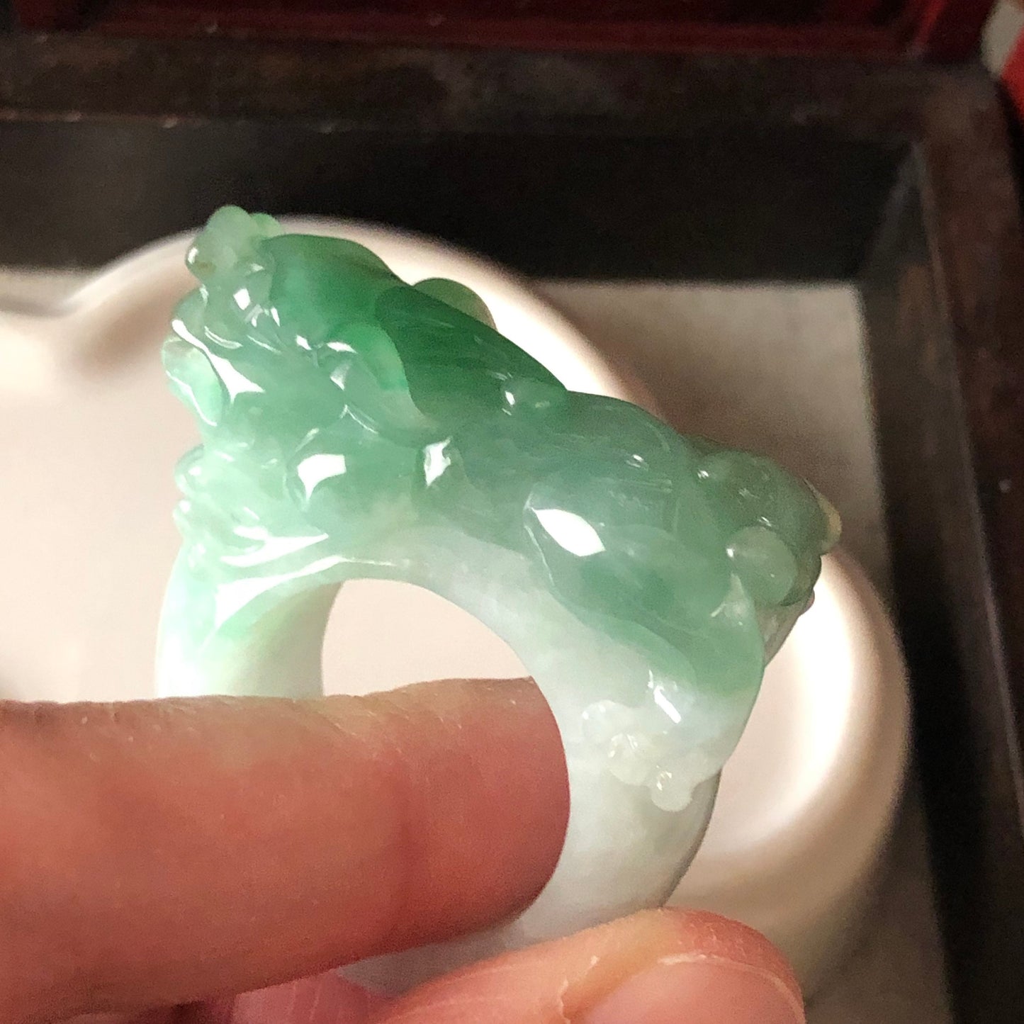 Sale. 36.4mm Grade A Icy Glutinous Jadeite Jade Green Pixiu Ring Band Display Pendant