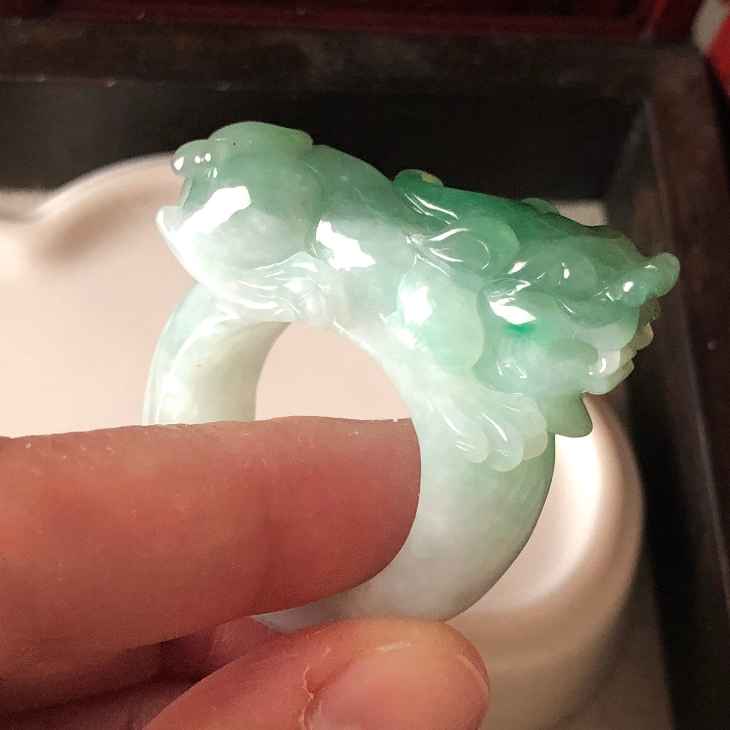 Sale. 36.4mm Grade A Icy Glutinous Jadeite Jade Green Pixiu Ring Band Display Pendant