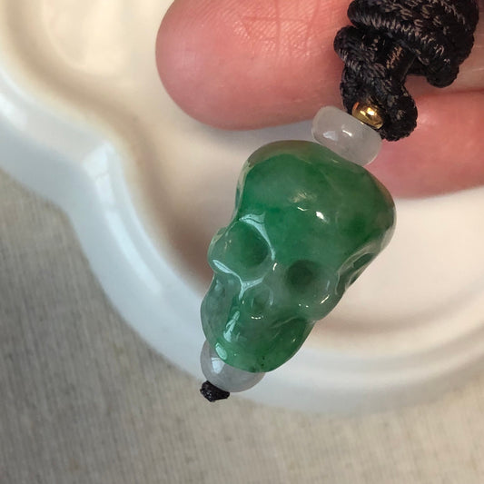 17.3mm Carved Green Jadeite Jade 3D Skeletal Head Pendant with Neck Rope Tie