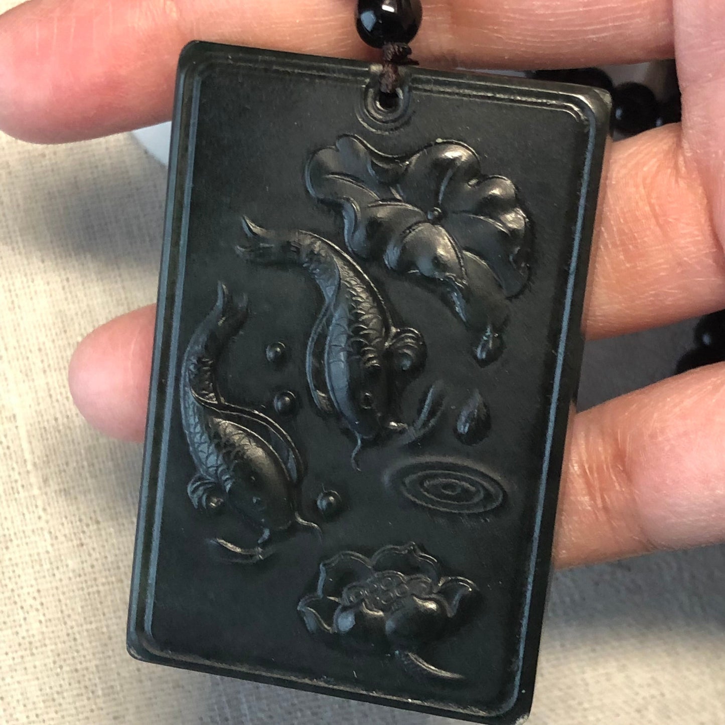 59mm Black Hetian Nephrite Jade Carved Landscape Scenery Pendant with Bead Necklace