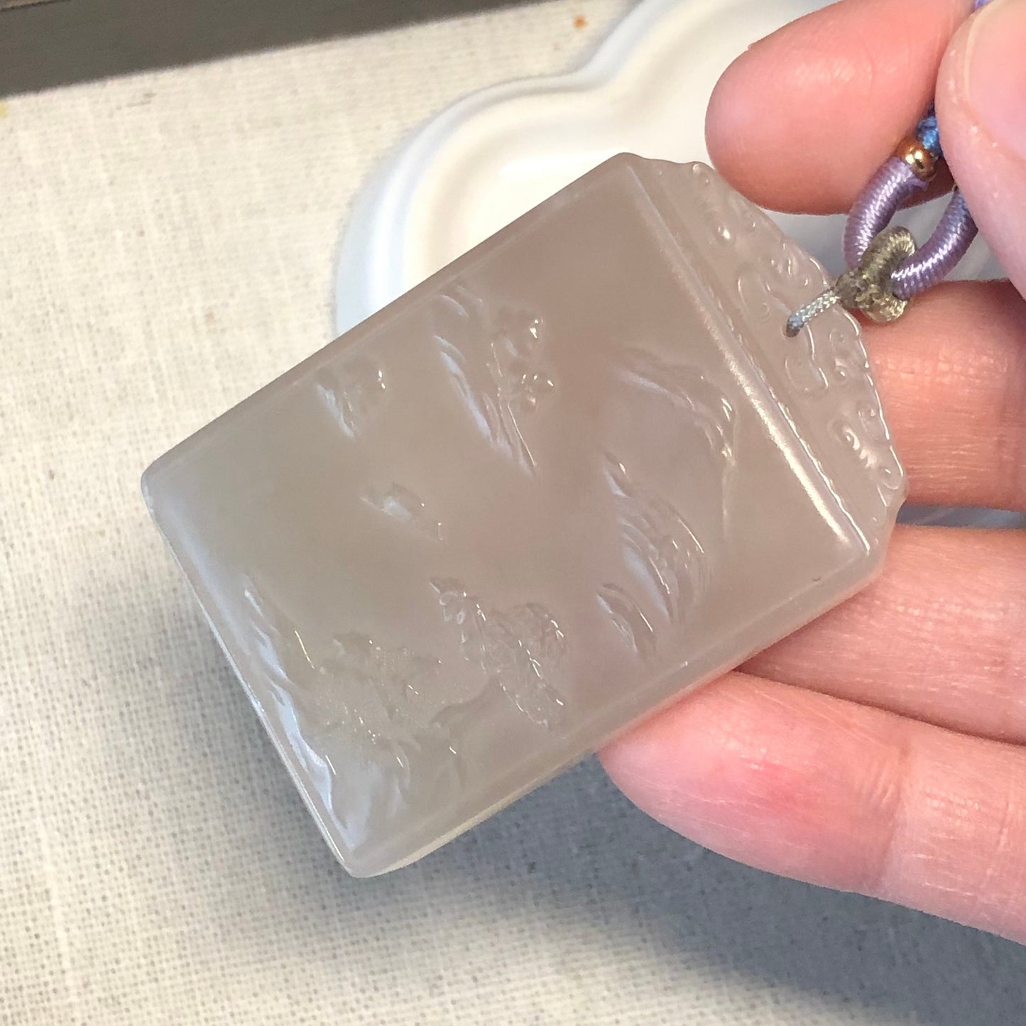 50.8mm Smokey Pink Hetian Nephrite Jade Carved Landscape Scenery Pendant