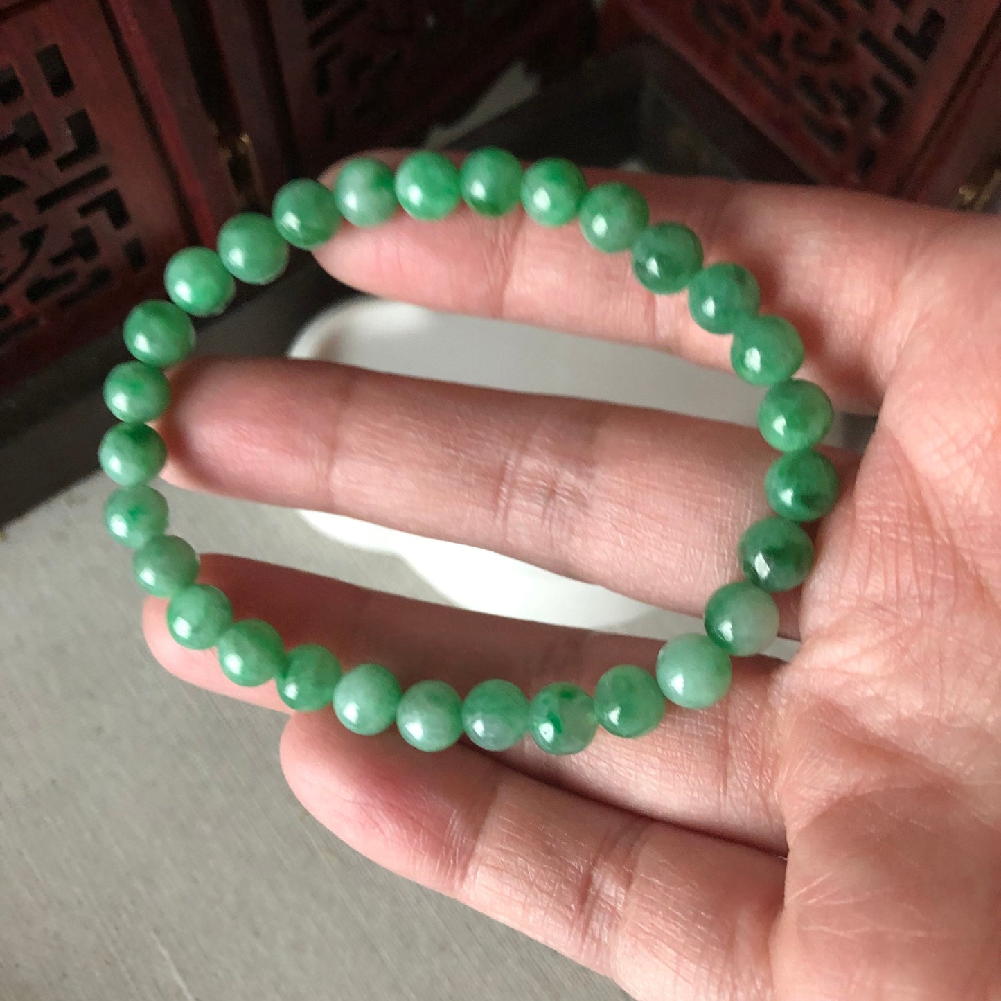 6.4 mm Jadeite Jade Icy Gradient Green Round Bead Bracelet 29pcs.