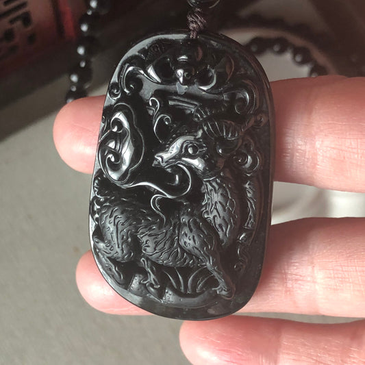 49.4mm Omphacite Black Jade Carved Ram Landscape Pendant with Bead Necklace