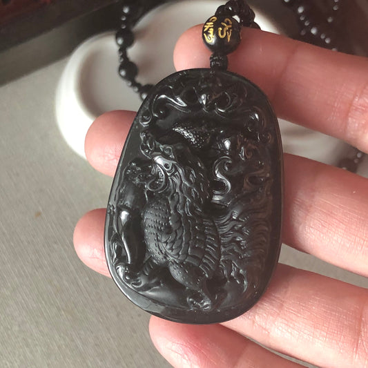 49.4mm Omphacite Black Jade Carved Rooster Landscape Pendant with Bead Necklace