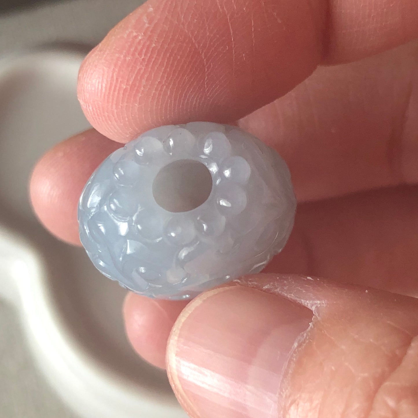 25.4mm BIG Icy Tint Lavender Blue Jadeite Jade Carved Asian Pattern Bead Pendant