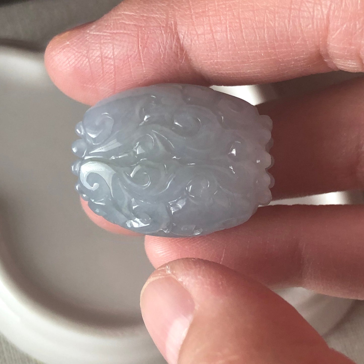 25.4mm BIG Icy Tint Lavender Blue Jadeite Jade Carved Asian Pattern Bead Pendant