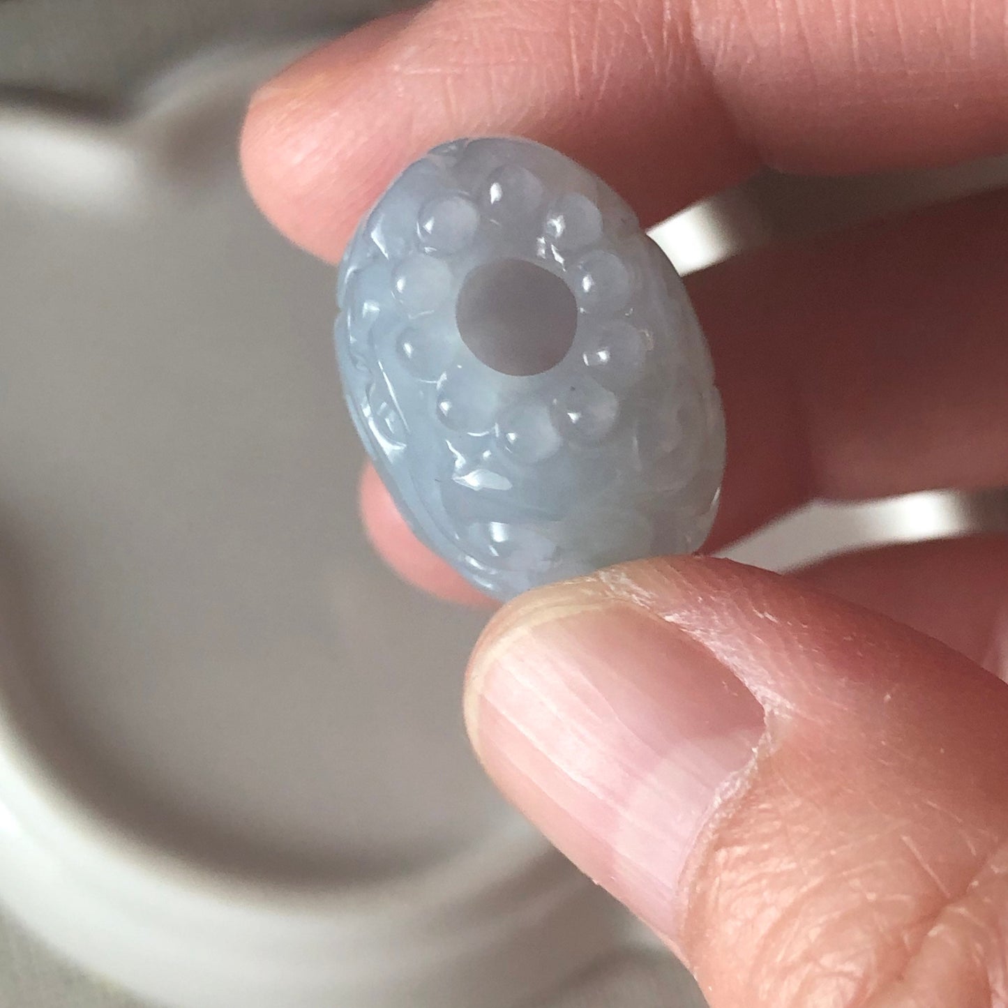 25.4mm BIG Icy Tint Lavender Blue Jadeite Jade Carved Asian Pattern Bead Pendant