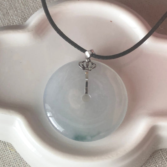 28mm High Icy Jadeite Jade Carved Peace Donut with green float flowers Pendant