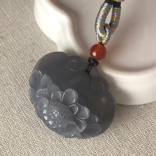 36mm Smoky Lavender Hetian Nephrite Jade Glutinous Carved Flower Lotus Pendant