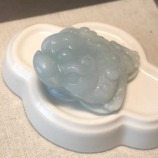 52mm Glutinous Sky Blue Jadeite Jade Carved 3 Legged Toad Coin Display Statue RARE