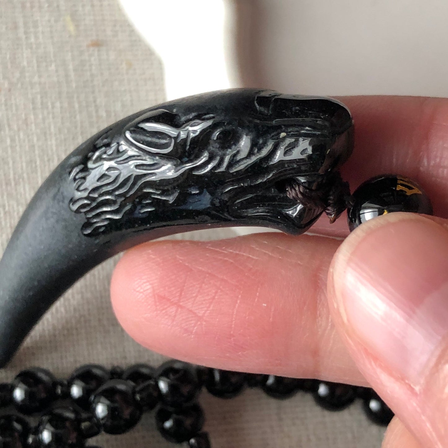 60mm Omphacite Black Jade Carved Wolf Tooth Pendant with Bead Necklace