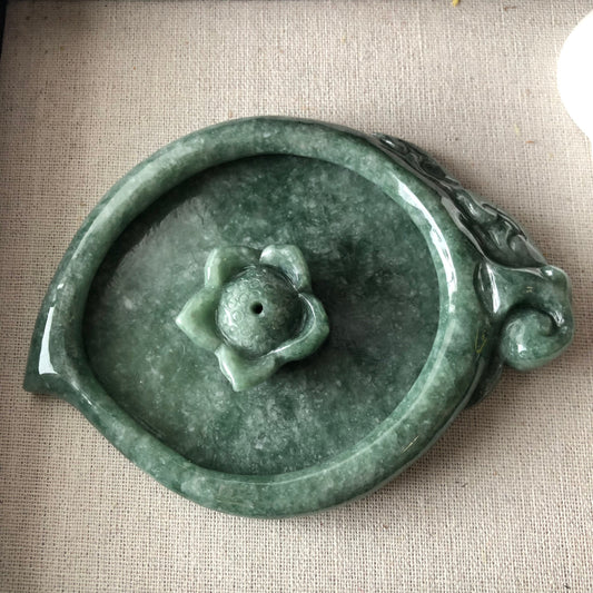 Jadeite Jade Earthy Green Candy Jewelry Dish Carved Design Display RARE