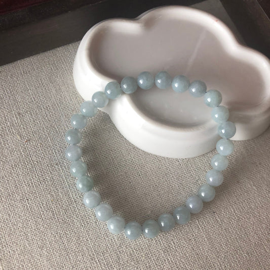 SALE: 6.5 mm Icy Glutinous Sky Blue Jadeite Jade Round Bead Bracelet