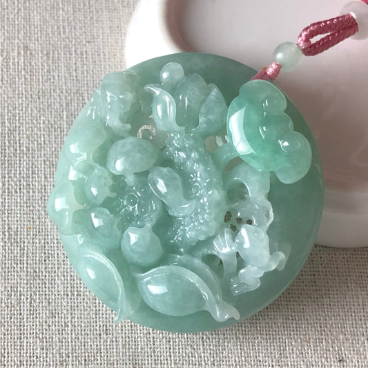 52.3 mm Grade A Green Carved Landscape trees Ruyi frog leaf coin Pendant