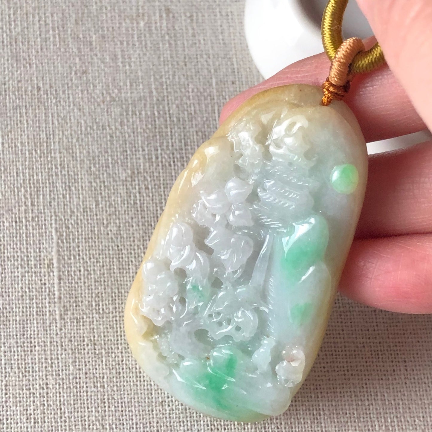 61.2 mm Green Yellow Jadeite Jade Carved Landscape Trees Mountain Pendant