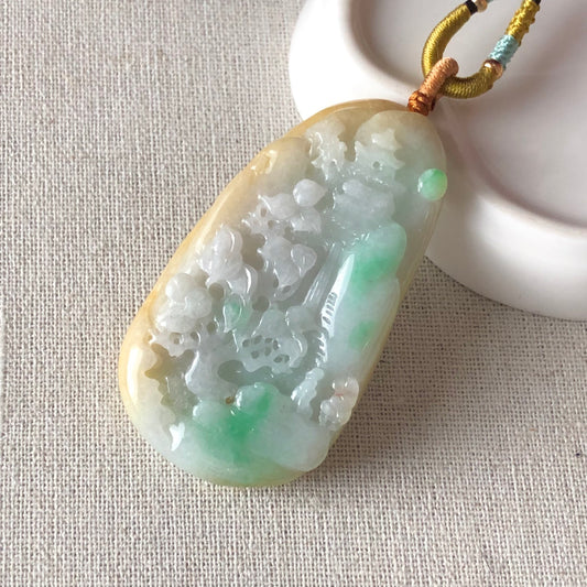 61.2 mm Green Yellow Jadeite Jade Carved Landscape Trees Mountain Pendant