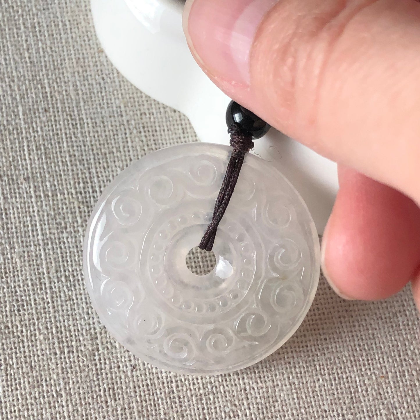 32.5 mm High Icy Jadeite Jade Carved Peace Donut Pendant