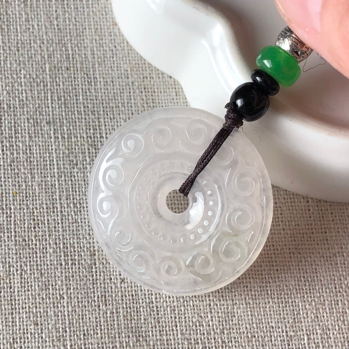 32.5 mm High Icy Jadeite Jade Carved Peace Donut Pendant