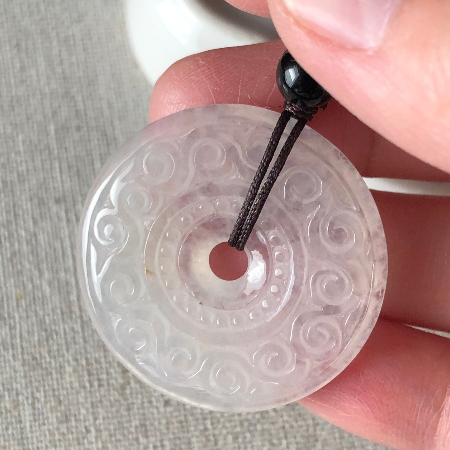 32.5 mm High Icy Jadeite Jade Carved Peace Donut Pendant