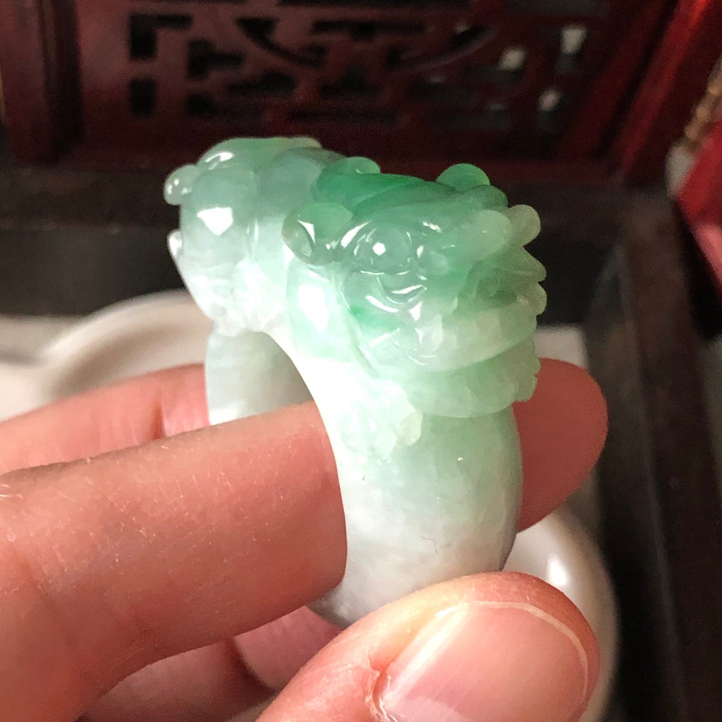 Sale. 36.4mm Grade A Icy Glutinous Jadeite Jade Green Pixiu Ring Band Display Pendant