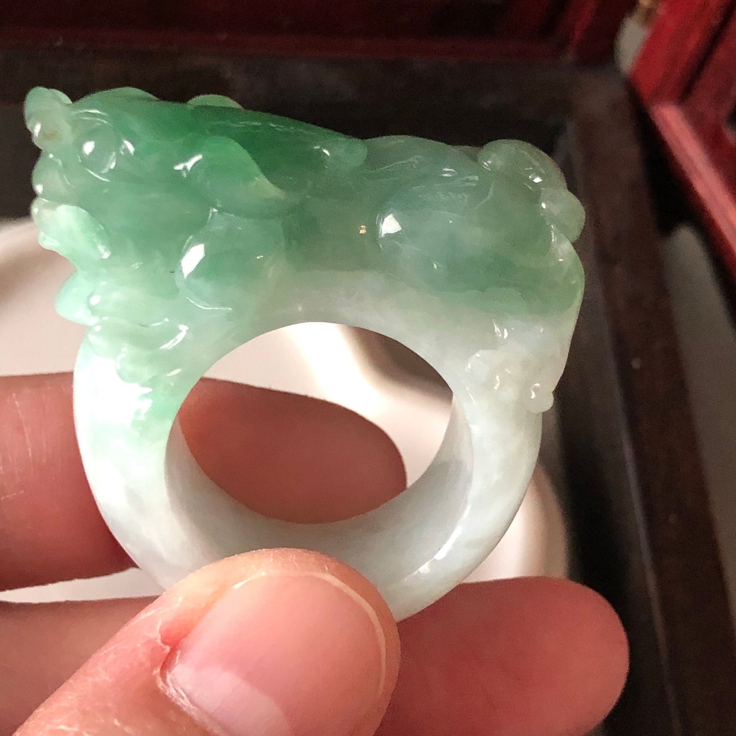 Sale. 36.4mm Grade A Icy Glutinous Jadeite Jade Green Pixiu Ring Band Display Pendant