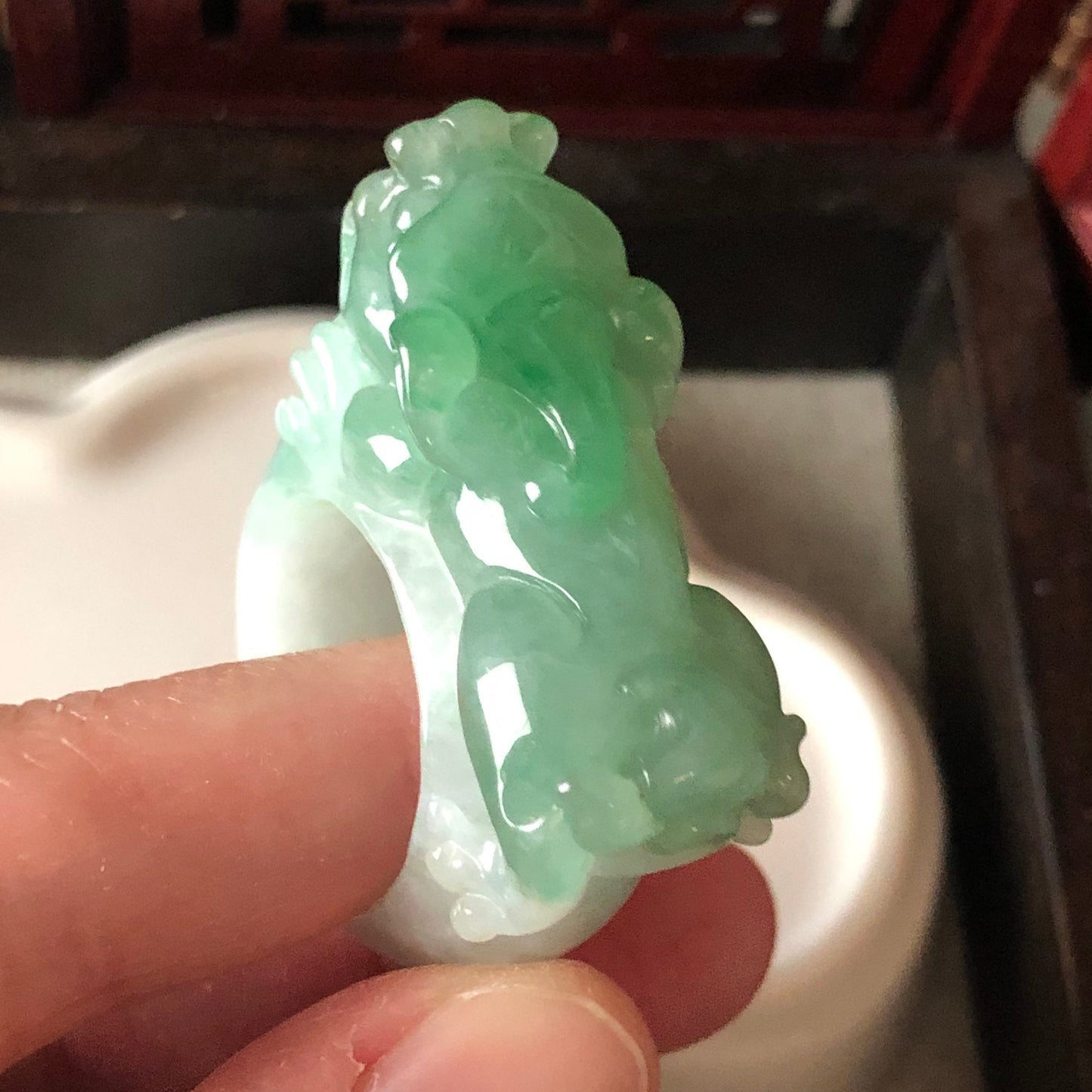 Sale. 36.4mm Grade A Icy Glutinous Jadeite Jade Green Pixiu Ring Band Display Pendant