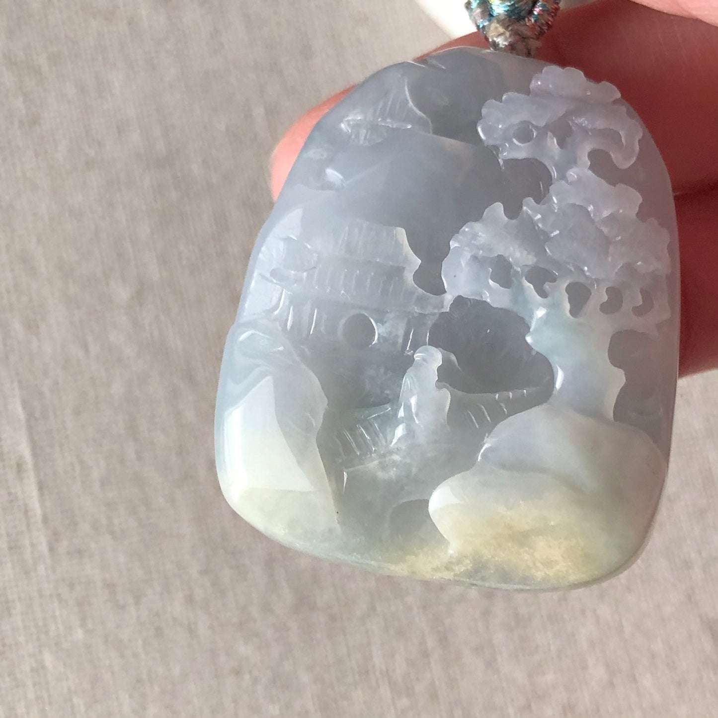 38.4 mm Sky Blue Yellow Jadeite Jade Carved Landscape Trees Mountain Pendant
