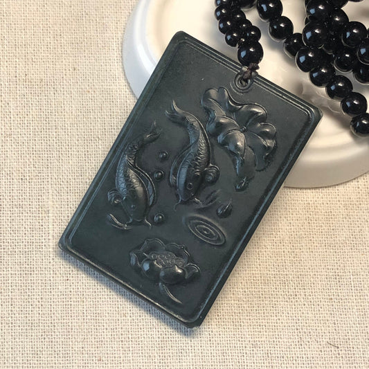 59mm Black Hetian Nephrite Jade Carved Landscape Scenery Pendant with Bead Necklace
