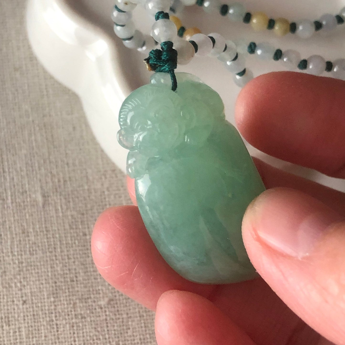 34.8 mm Icy Green Jadeite Jade Carved Monkey Peach Pendant